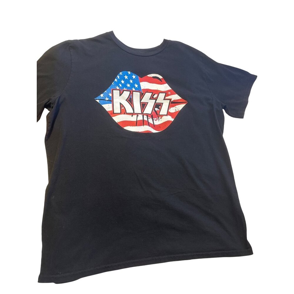Kiss Band Graphic T-Shirt XXL Black With American Flag Lip Design Cotton Short S